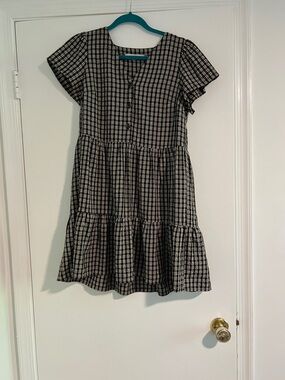 Loft Black and White Plaid Tiered Dress